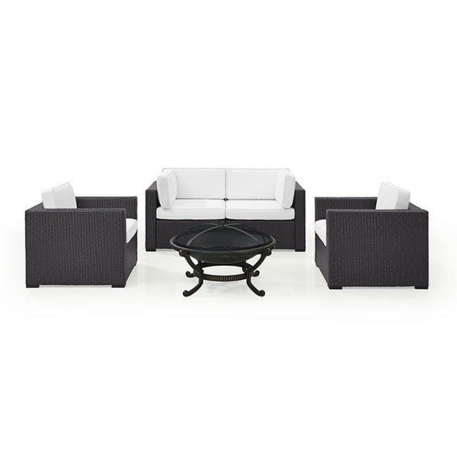 Biscayne White 5-Piece Wicker Set with 2 Armchairs, 2 Corner Chairs and Fire Pit
