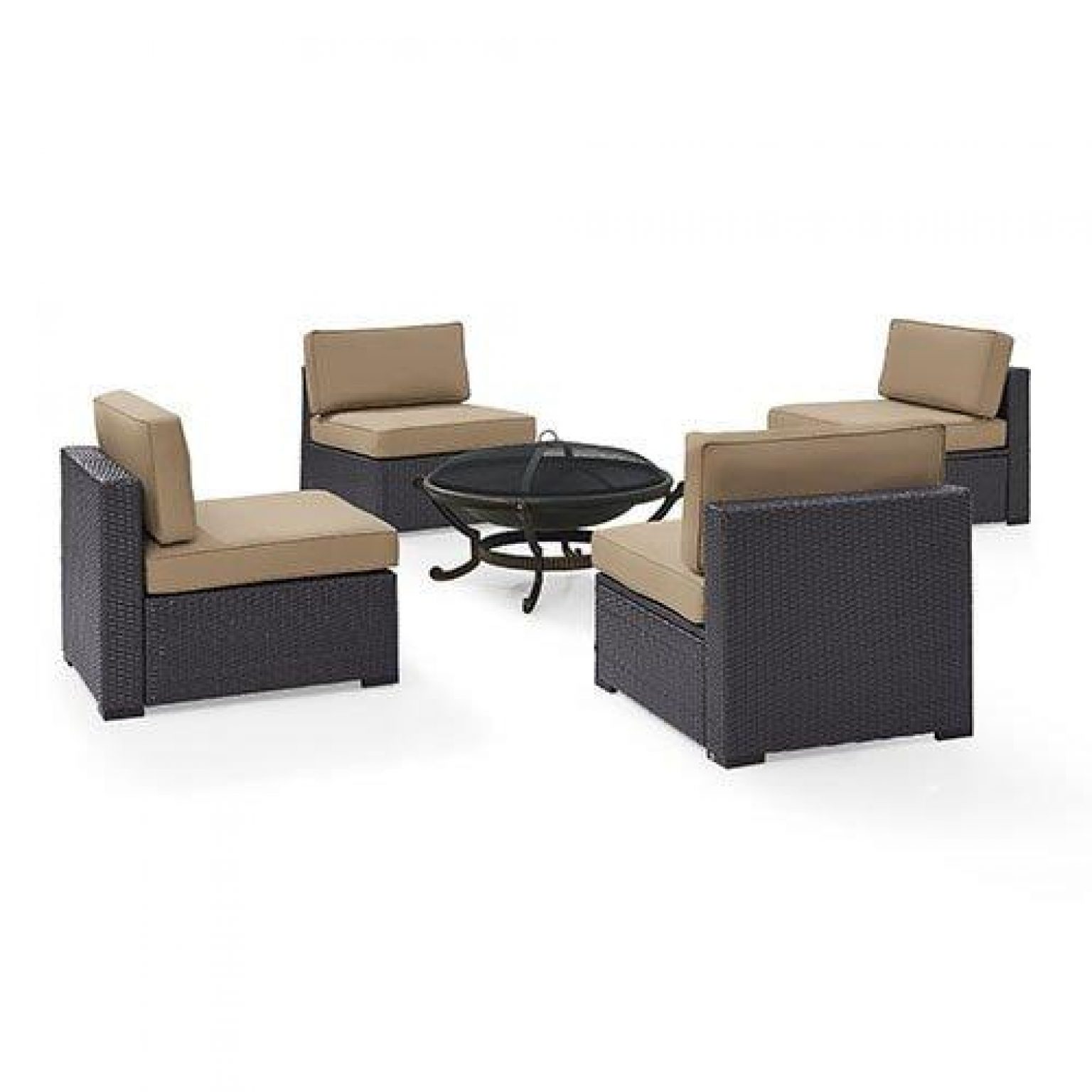 Biscayne 5-Piece Wicker Set with 4 Chairs, Mocha Cushions & Firepit