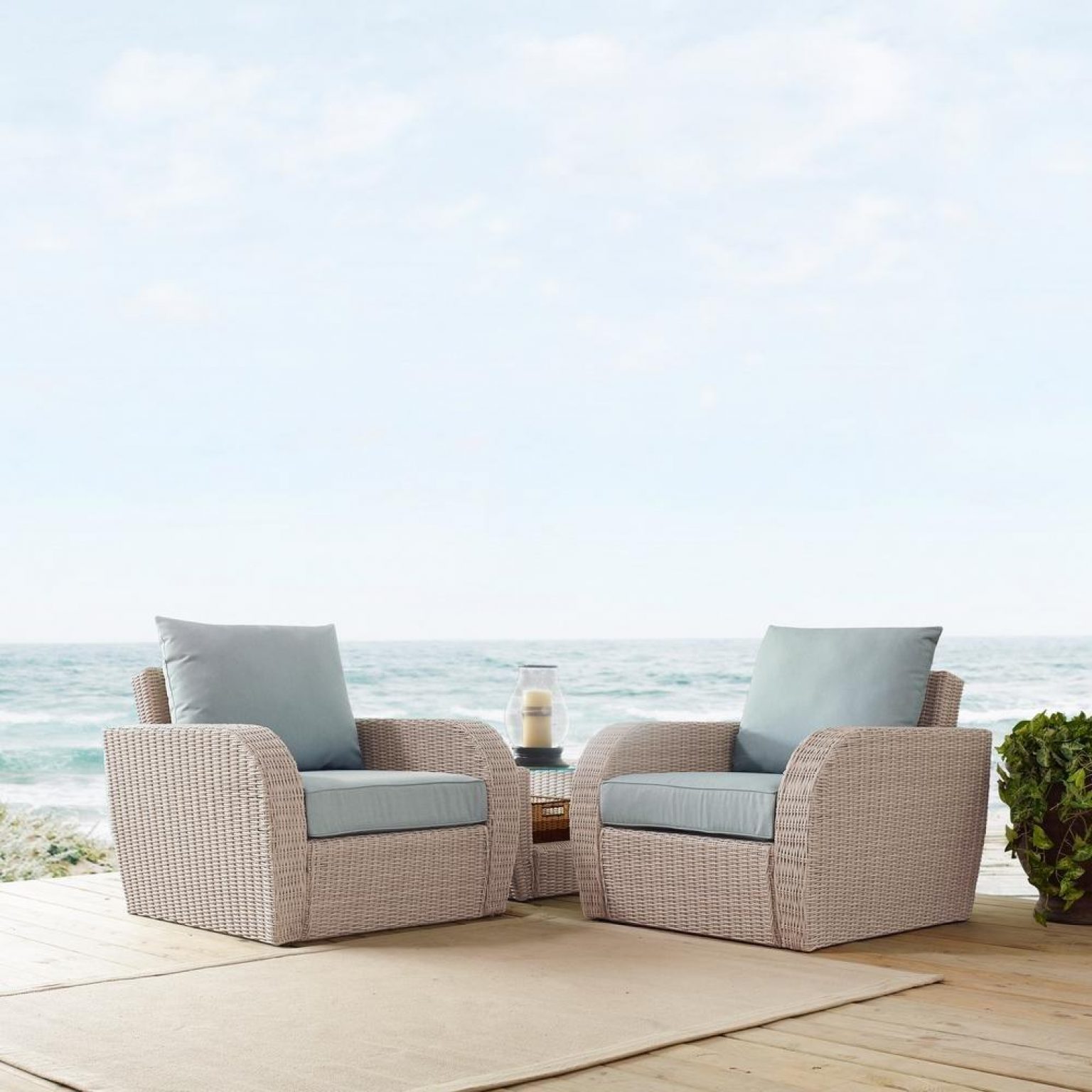 St. Augustine 3-Piece Wicker Set and Mist Cushions with Two Armchairs and Side Table