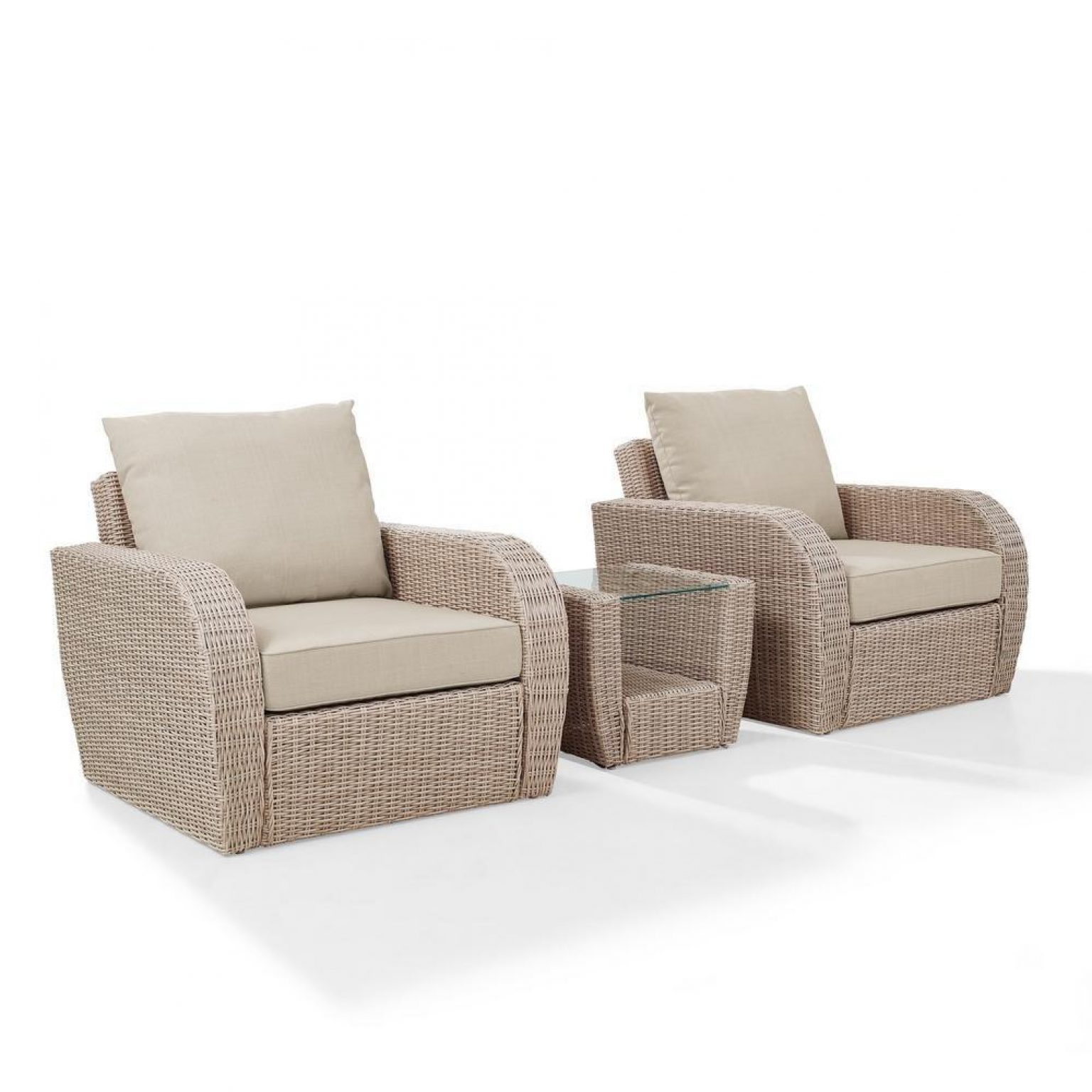 St. Augustine 3-Piece Wicker Set and Oatmeal Cushions with Two Armchairs and Side Table